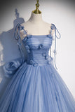 Blue Spaghetti Strap Tulle Long Dress, Blue Evening Dress with Bow HZ0429