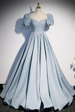 Blue Satin Pearl Long Prom Dress, Blue A-Line Short Sleeve Evening Dress HZ0429