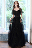 Black Tulle Long A-Line Prom Dress, Black Party Dress with Sequins HZ0429