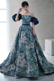 Blue Floral Long A-Line Prom Dress, Blue Evening Party Dress HZ0429
