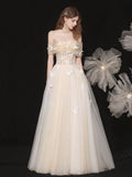 Champagne Lace Off the Shoulder Prom Dress, A-Line Evening Party Dress HZ0429