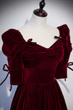 Burgundy Velvet Long Prom Dresses, A-Line Short Sleeve Evening Dresses HZ0429