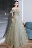 Green Tulle Beaded Long Prom Dress, A-Line Formal Evening Dress HZ0429