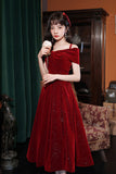 Burgundy Velvet Off the Shoulder Prom Dress, A-Line Party Dress HZ0429