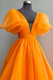 Orange Organza Long A-Line Prom Dress, Beautiful V-Neck Evening Dress HZ0429