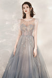 Gray Tulle Beading Long Prom Dresses, A-Line Scoop Neckline Evening Dresses HZ0429