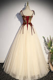 Champagne Tulle Spaghetti Strap Long Prom Dress, A-Line Formal Evening Dress HZ0429