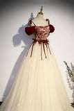 Champagne Tulle Spaghetti Strap Long Prom Dress, A-Line Formal Evening Dress HZ0429