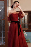 Burgundy Tulle Off the Shoulder Prom Dress, A-Line Evening Party Dress HZ0429