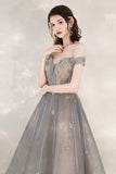 Cute Tulle Sequins Long Prom Dresses, Off the Shoulder Evening Dresses HZ0429