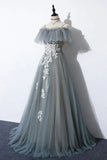 Gray Tulle Lace Long Prom Dress, A-Line Evening Dress HZ0429