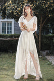 White V-Neck Lace High Low Prom Dress, White Evening Dress HZ0429