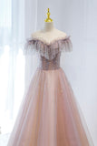 Pink Tulle Beaded Long Formal Dress, Pink V-Neck Prom Dress HZ0429