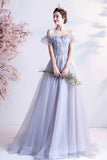 Gray Tulle Off the Shoulder Prom Dress, A-Line Evening Dress HZ0429