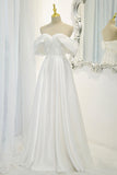 White Satin Long Prom Dress, Off the Shoulder Evening Dress HZ0429