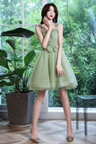 Green Tulle Short Prom Dress, Green A-Line Party Dress with Bow HZ0429