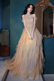 Spaghetti Strap Tulle Sequins Long Evening Dress, A-Line Graduation Dress HZ0429
