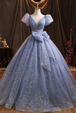 Blue Tulle Sequins Long Prom Dress, A-Line Evening Gown with Bow HZ0429