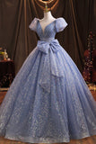 Blue Tulle Sequins Long Prom Dress, A-Line Evening Gown with Bow HZ0429