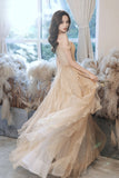 Spaghetti Strap Tulle Sequins Long Evening Dress, A-Line Graduation Dress HZ0429