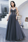 Gray Tulle Beaded Floor Length Prom Dress, A-Line Party Dress HZ0429