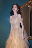 Spaghetti Strap Tulle Sequins Long Evening Dress, A-Line Graduation Dress HZ0429