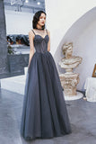 Gray Tulle Beaded Floor Length Prom Dress, A-Line Party Dress HZ0429