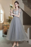 Gray Tulle Beaded Tea Length Prom Dress, A-Line Evening Dress HZ0429