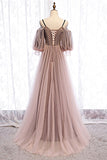 A-Line Tulle Long Prom Dresses, Lace Evening Dresses HZ0429