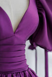 Purple Puff Sleeves Satin Long Prom Dress, V-Neck Evening Dress HZ0429
