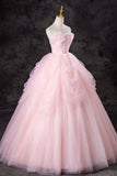 A-Line Pink Tulle Long Formal Gown, Pink Strapless Sweet 16 Princess Dress HZ0429