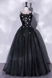Black Tulle Long A-Line Evening Gown, Black Spaghetti Strap Evening Gown HZ0429