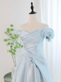 Blue Satin Tulle Long Prom Dress, Off Shoulder Formal Evening Dress HZ0429