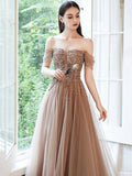 Off Shoulder Tulle Sequins Long Prom Dress, A-Line Formal Dress HZ0429