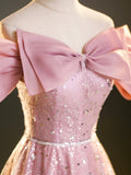 Sparkly Off-Shoulder Sequins Floor Length Formal Dress, Beautiful Pink Prom Dress HZ0429