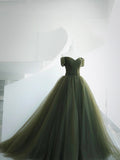 Green Tulle Long Prom Dress, A-Line Off Shoulder Evening Dress HZ0429