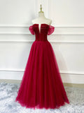 Burgundy Tulle Beaded Long Formal Dress, Off Shoulder Evening Party Dress HZ0429
