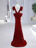 Mermaid Sequins Long Prom Dress, Burgundy V-Neck Evening Dress HZ0429