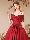 Burgundy Satin Beaded Long Prom Dress, Cute Off Shoulder Evening Dress HZ0429