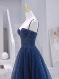 Blue Tulle Beaded Long Formal Dress, Blue Evening Dress HZ0429