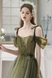 Green Spaghetti Strap Tulle Long Prom Dress, Beautiful A-Line Evening Dress HZ0429