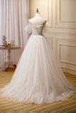 Champagne Lace Long A-line Prom Dress, Off the Shoulder Evening Dress HZ0429