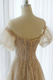 A-Line Tulle Beaded Long Prom Dress, Champagne Short Sleeve Evening Dress HZ0429