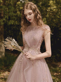 Pink Tulle Lace Long Prom Dress, Beautiful A-Line Evening Party Dress HZ0429