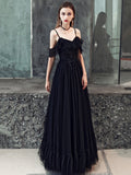 Black Spaghetti Strap Tulle Floor Length Formal Dress, A-Line Black Party Dress with Lace HZ0429
