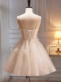 Champagne Spaghetti Strap Party Dress, Cute A-Line Evening Dress Homecoming Dress HZ0429