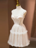 Champagne Spaghetti Strap Party Dress, Cute A-Line Evening Dress with Pearls HZ0429