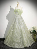 Green Tulle Sequins Long Prom Dress, Beautiful Off the Shoulder Party Dress HZ0429