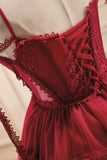 Burgundy Lace Short A-line Prom Dress, Cute Spaghetti Strap Party Dress HZ0429