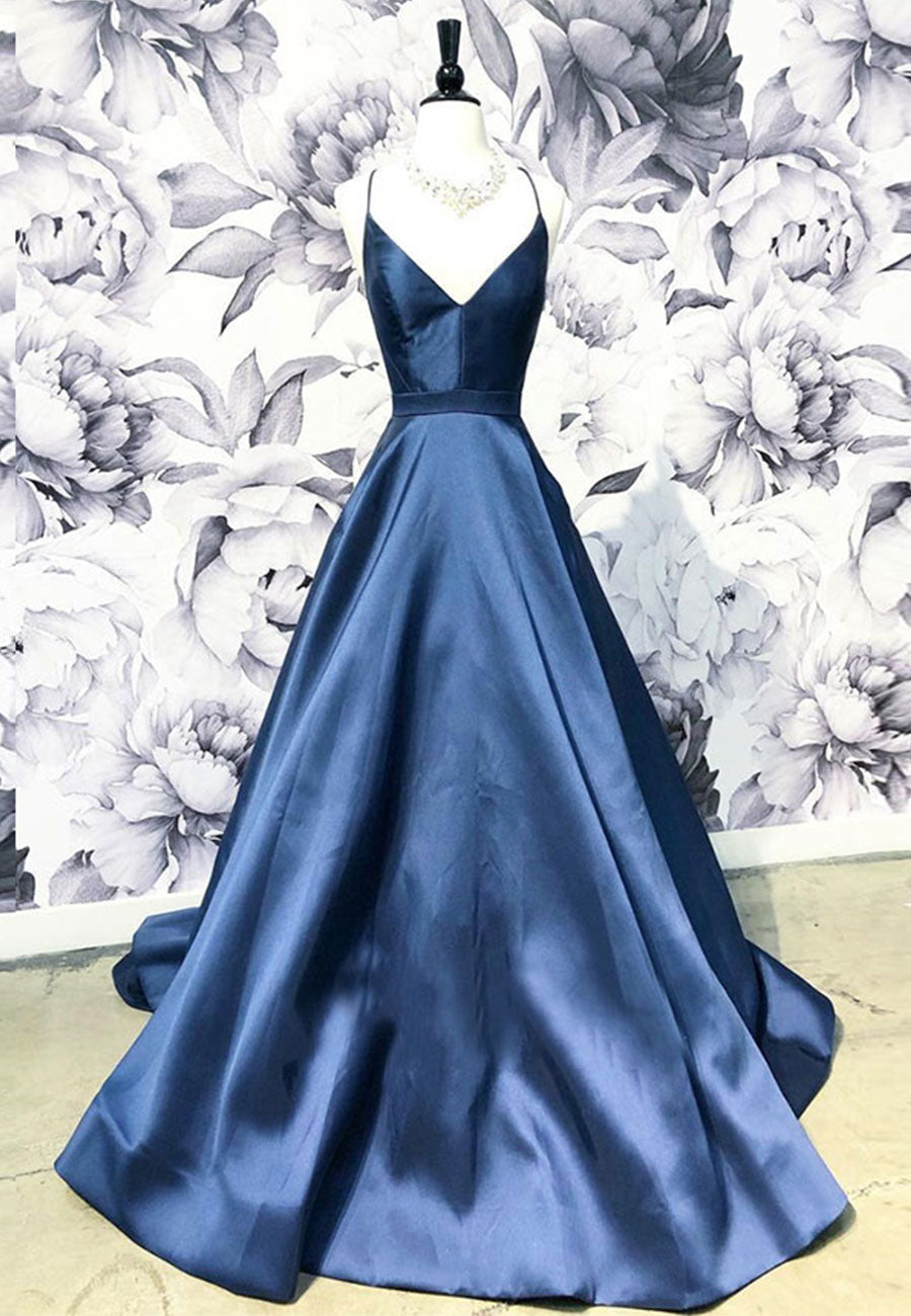 simple a line dark blue satin long prom dress Floor Length Gorgeous Prom Gowns Elegant A-line Dark Blue Simple Long Prom Dresses Cheap Bridelily